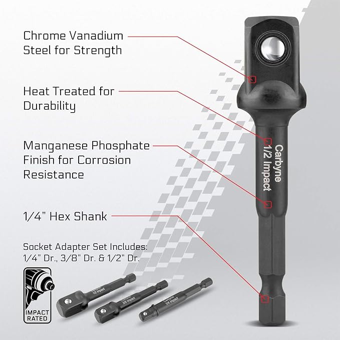 CARBYNE 3-Piece Impact Grade Socket Adapter Set, 3??Extension Bits | 1/4?? 3/8??and 1/2??Drive. Adapt Your Drill Driver to a High Torque Impact Wrench