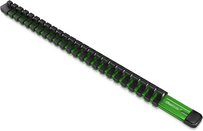 Olsa Tools Socket Organizer - 1/4-Inch Drive Socket Holder Rail - Green Aluminum Track Stores 24 Chrome or Impact Sockets - Professional Grade Metric or SAE Socket Organizer - Part: 1103
