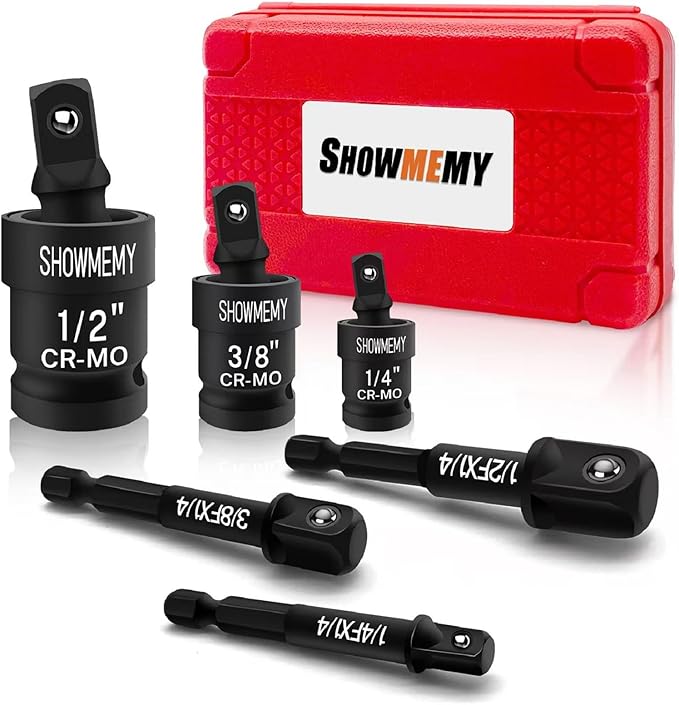 Swivel Socket Set, 3 Pcs Impact Swivel Socket Set with 3 Pcs Impact Socket Adapter, Wobble Socket, Impact Grade Universal Joint, Cr-Mo Steel, 1/4-Inch, 3/8-Inch, 1/2-Inch Drive/Adapter