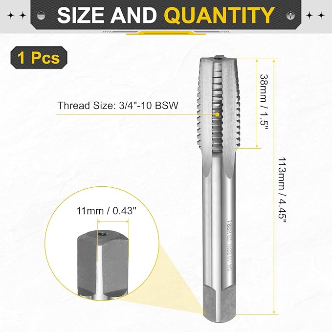 uxcell Hand Taper Tap 3/4"-10 BSW Thread Taper Style Taps Straight Flute Screw Tapping Threading Tool High Speed Steel HSS6542