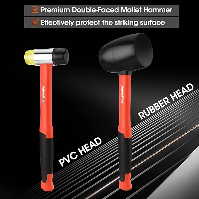 ValueMax Rubber Mallet, 16oz Rubber Mallet Hammer And 35mm Double-Faced Soft Hammer, Fiberglass Handle With TPR Grip, Solid Head, 2 Piece Black Set