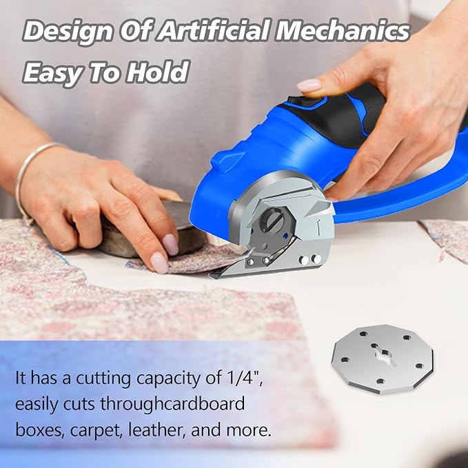 Cordless Electric Scissors, 4V Rechargeable Box Cutter & Cardboard Cutter with Titanium Blade, LED Light, Safety Lock - Rotary Cutter for Fabric, Leather, Carpet, Plastic, Crafting, Sewing(Royal Blue)