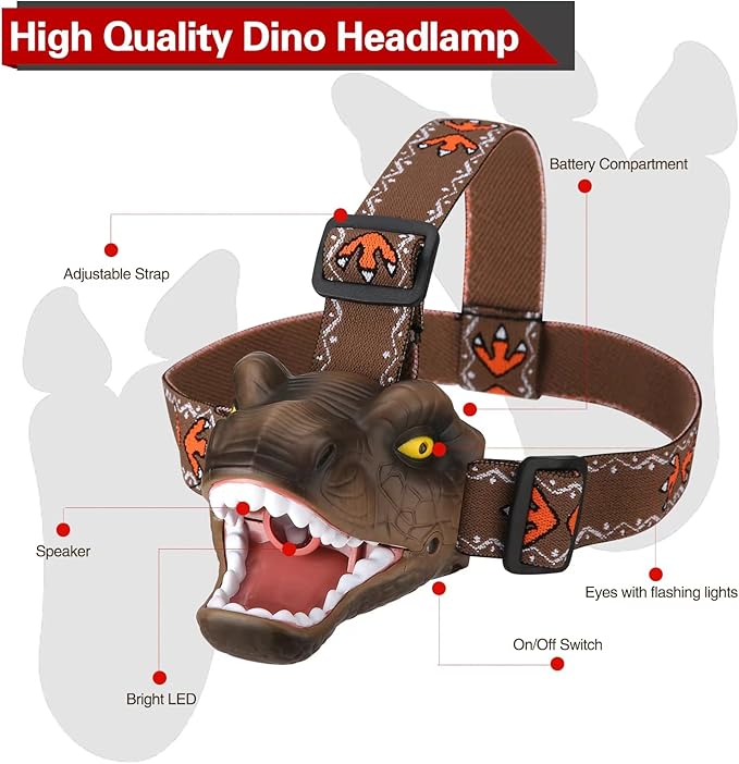 Dinosaur Kids Headlamp, T-Rex Dinosaur Led Headlamp Flashlight, Dinosaur Toy Headlamp Flashlight with 4 Lighting Mode for Boys, Girls??Camping, Hiking, Reading and Party (Brown)
