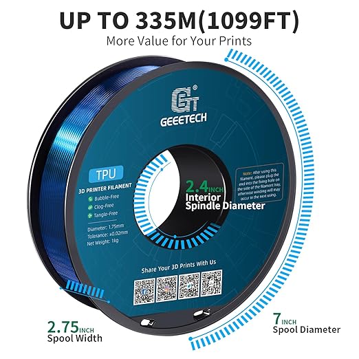 Geeetech TPU Filament 1.75mm, Shore 95A Flexible 3D Printer Filament with High Elasticity, 1KG (2.2lbs) Spool, Dimensional Accuracy 짹0.03mm, Fits Most FDM Printers, Clear Blue