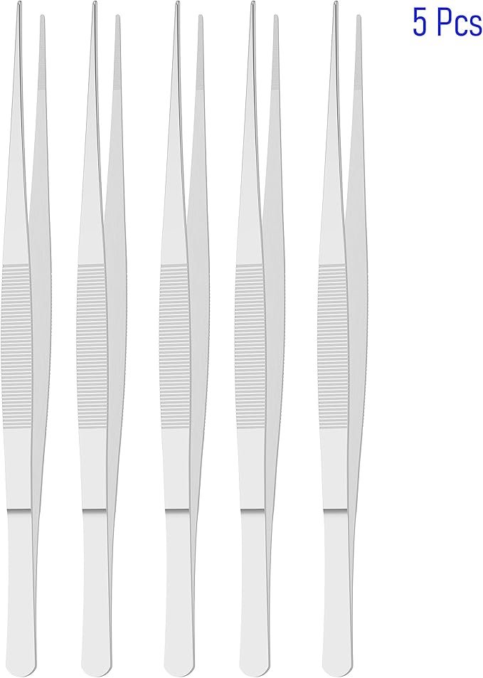 5 PCS 7.1 Inch Stainless Steel Tweezers, Straight pointed Serrated Tips, Perfectly Aligned, 3/64 Inch Thickness Stainless Steel, Multipurpose Daily Garden Home Lab Craft Repairing Tool