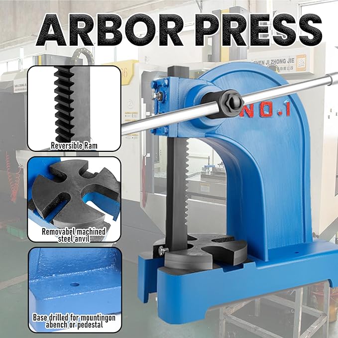 1 Ton Manual Arbor Press with 3 Drift, 5.9" Maximum Height Cast Iron Hand Press, Manual Desktop Arbor Press, Bench Press for Punching Bearings Leather Guitar fret pressing (Blue, 1 TON)