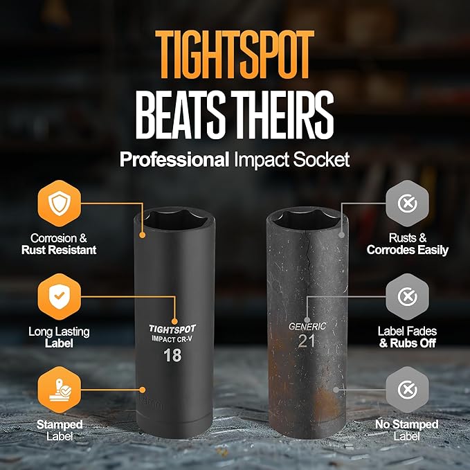 TIGHTSPOT 3/8 Inch Drive 18 mm Deep Impact Socket with Anti-Rounding 6 Point Design, Heat-Treated CRV Steel