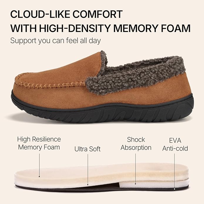ATHMILE Men's Moccasin House Slippers, Memory Foam Arch Support, Plush Fuzzy Lining, Non-Slip Rubber Sole for Indoor/Outdoor Winter Comfort