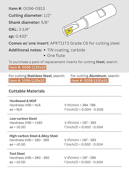 Accusize Industrial Tools 1/2'' 90 Deg Square Shoulder Indexable End Mill with Carbide Apkt11T3 Inserts, 0056-0913
