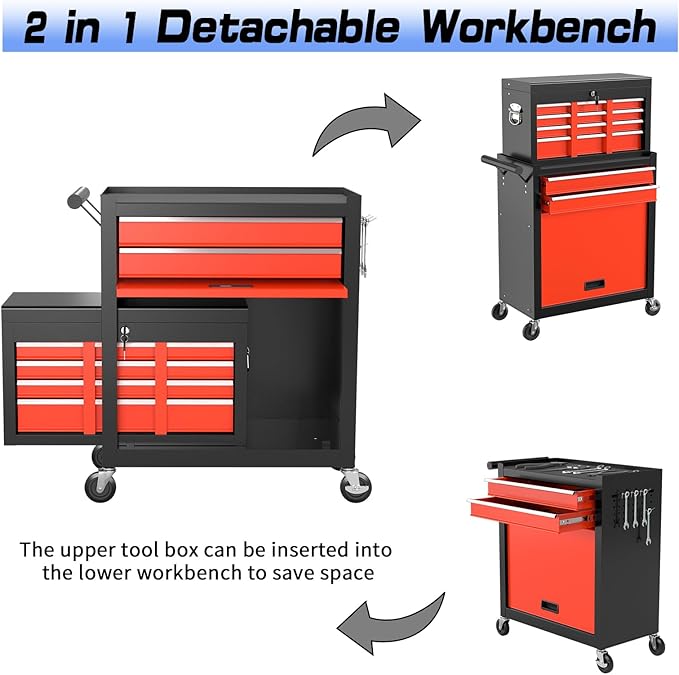 8-Drawer Rolling Tool Chest Tool Box,Removable Tool Storage Cabinet with 4 Wheels and Drawers,2 in 1 Portable Toolbox Organizer, Tool Chest with Lockable Drawer Gifts for Men (BlackRed)
