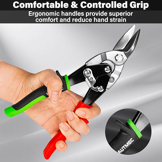 HAUTMEC Aviation Tin Snips Set for Cutting Metal Sheet, 10 Inch Heavy-Duty CR-V Metal Shears for Straight, Left & Right Cuts, with Safety Lock and Ergonomic Grip - HTSSM25063