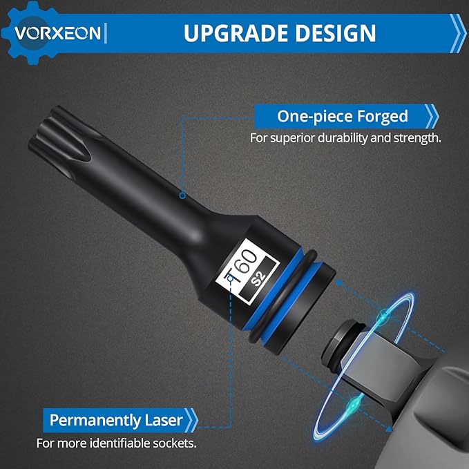 20 PCS Impact socket set Allen Hex and Torx Star Bit socket S2 Alloy Steel One-piece forged With Storage Case, 1/2" Drive 5mm-19mm T25 - T80
