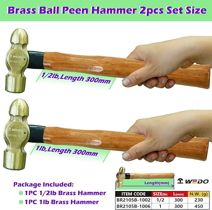 WEDO 2PCS Brass Ball Peen Hammer Set,8 oz + 16 oz(1/2lb+1lb), Brass Ball Pein Hammer Set with Wooden Handle, Die-Forged, Corrosion Resistant, DIN Standard