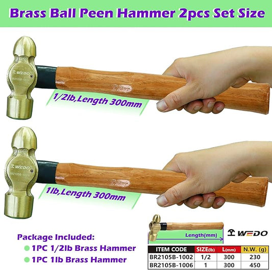 WEDO 2PCS Brass Ball Peen Hammer Set,8 oz + 16 oz(1/2lb+1lb), Brass Ball Pein Hammer Set with Wooden Handle, Die-Forged, Corrosion Resistant, DIN Standard