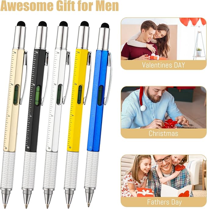 Yeaqee 80 Pcs Stocking Stuffers Bulk Gifts for Men 6 in 1 Party Favor Father's Christmas White Elephant Gifts Multi Tool Pens with Ruler, Level Gauge for Adult (Classic Color)