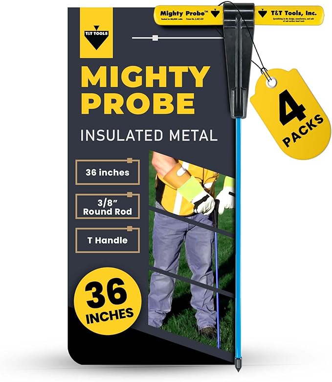 T&T Tools 36-Inch Mighty Probe Insulated Metal Soil Probe ??3/8" Metal Round Rod, Heavy Duty Design for Easy Penetration & Withdrawal, Soil Testing & Landscaping Tools, T-Handle, USA-Made-4 Pack