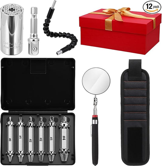 Lasnten 12 Pack Drill Socket Adapter Flexible Drill Bit Extension for Men Damaged Screw Extractor Socket Wrench Power Magnetic Wristband Inspection Mirror for Dad Husband Adults Him Birthday Gifts