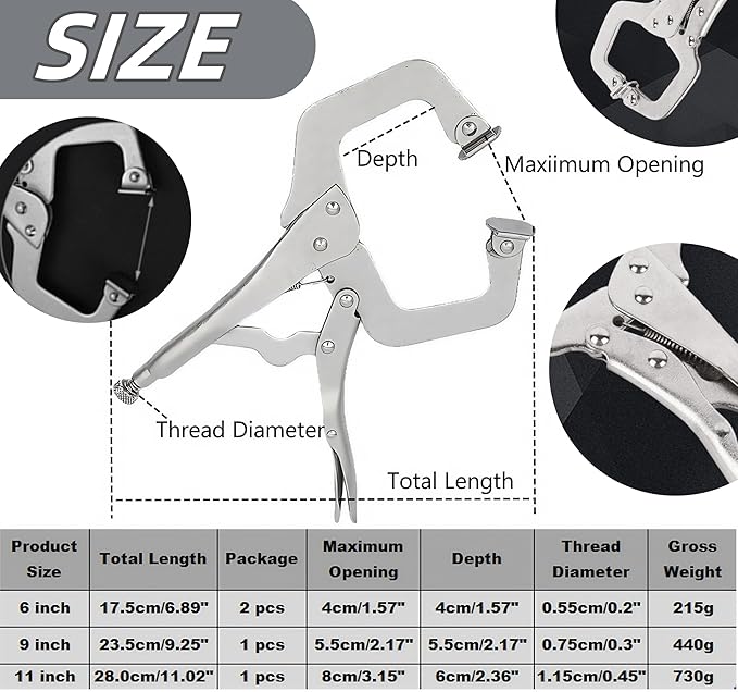 4Pcs C Clamp Locking, 2Pcs 6 inch, 9 inch, 11 inch Heavy Duty Welding Clamps Pliers Set Vise Grip Clamps with Swivel Pad for Electrician Maintenance, Wood Working, Welding Craftsmen Home Workshop Farm