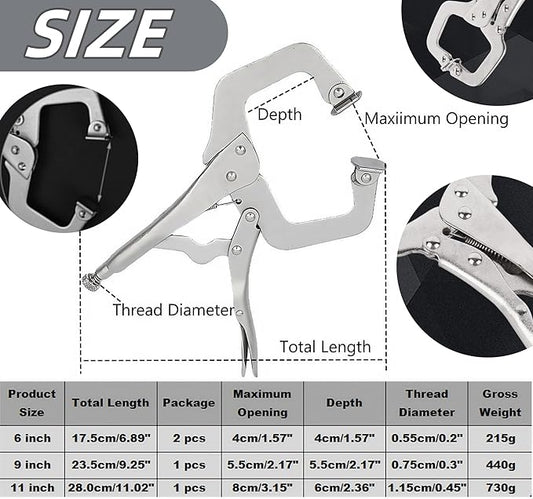 4Pcs C Clamp Locking, 2Pcs 6 inch, 9 inch, 11 inch Heavy Duty Welding Clamps Pliers Set Vise Grip Clamps with Swivel Pad for Electrician Maintenance, Wood Working, Welding Craftsmen Home Workshop Farm
