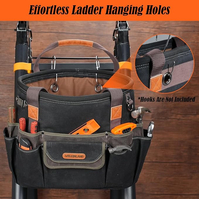 WELKINLAND 42-Pockets Electrician Tool Tote, 16-Inch Open Top Tool Tote, Heavy-Duty Electrician Tool Bag, Waxed-Canvas HVAC Service Bag, Easy-Access Bag For Tools, Stay-Up Tool Bags For Men