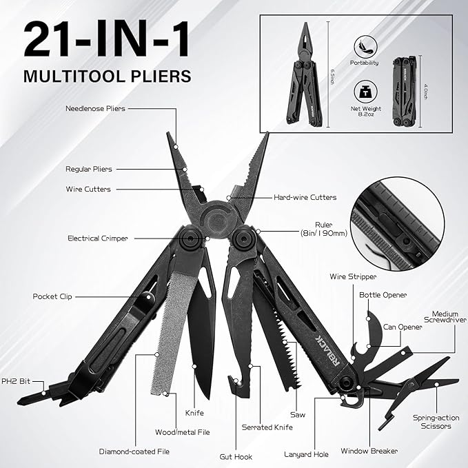 RBLACK Longeron21 Multitool, 21-in-1 Multi Tool Pliers with Safety Locking and Spring-Action Scissors, Heavy-duty Stainless Steel Multi-tool Set for Work, Home, Garden, DIY & Auto, Black