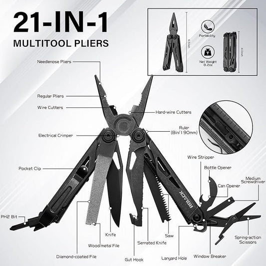 RBLACK Longeron21 Multitool, 21-in-1 Multi Tool Pliers with Safety Locking and Spring-Action Scissors, Heavy-duty Stainless Steel Multi-tool Set for Work, Home, Garden, DIY & Auto, Black