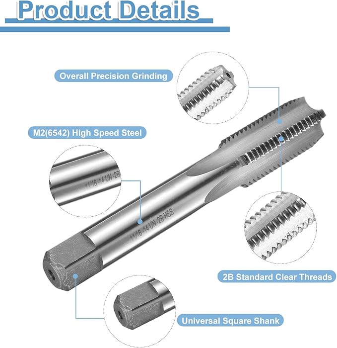 uxcell Hand Bottom Tap 11/16-14 UNS 2B Thread Bottoming Style Threading Taps High Speed Steel HSS6542 Straight Flutes Screw Tapping Tool