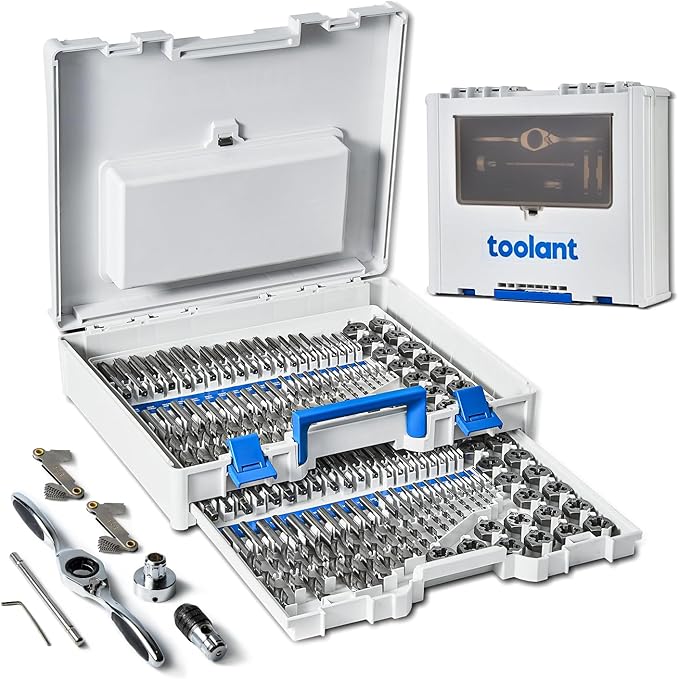 toolant 127 Piece Ratcheting Tap and Die Set, SAE/Metric Tap and Die Set with Assortment Drill Bit for Threading, Double-Layer Tool Box