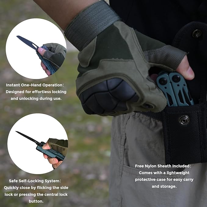 Multitool with Pocket Knife, 25-in-1 Stainless Steel Pliers and Screwdriver, Self-locking Multi-tool EDC Gear with Sheath, Suitable for Camping and Hiking (Greyblue)