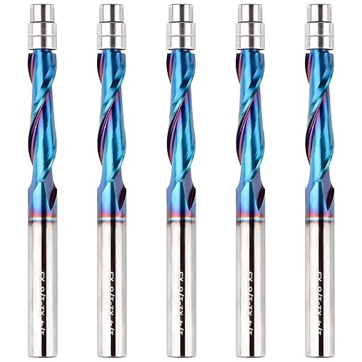 EANOSIC 5PCS Upcut Spiral Flush Trim Router Bit, 1/4 Inch Shank Solid Carbide Flush Trim Router Bits CNC Spiral Bit with Nano Blue Coating(1/4" Shank Up-Cut)