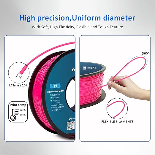 Geeetech TPU Filament 1.75mm, 95A Flexible 3D Printer Filament with High Elasticity, 1KG (2.2lbs) Spool, Dimensional Accuracy 짹0.03mm, Fits Most FDM Printers (Pink)