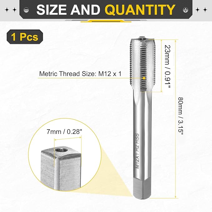 uxcell Hand Plug Tap M12 x 1 H2 Metric Thread Plug Style Taps Straight Flute Screw Tapping Threading Tool High Speed Steel HSS6542