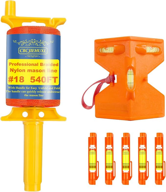 Orange Mason Line String with Post & Pipe Level & 5 Line Levels, #18 540 Feet Braided Construction Nylon Line,String Level Line Kit for Gardening Or Masonry Tools, Kite Twine String or DIY