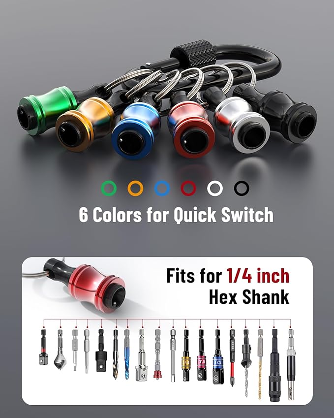 Katerk Bit holder Keychain Light-weight Extra 2 Black Carabiners Portable 6 pcs 1/4 inch Hex Shank Drill Screw Adapter Quick-change Screwdriver Electrician