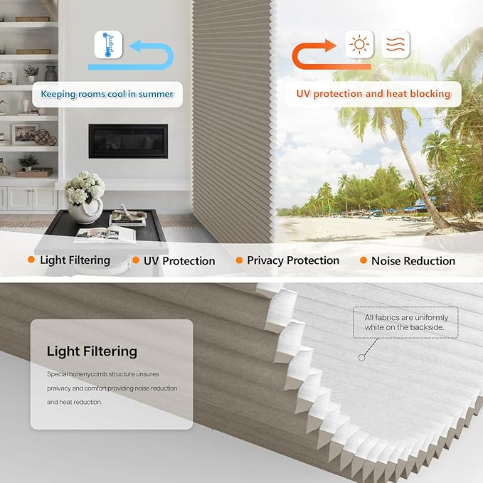 LazBlinds No Tools No Drill Cordless Cellular Shades, Top Down Bottom Up (TDBU) Honeycomb Shades for Home, Light Filtering Thermal Insulation Blinds for Windows, 43" W x 64" H, Taupe
