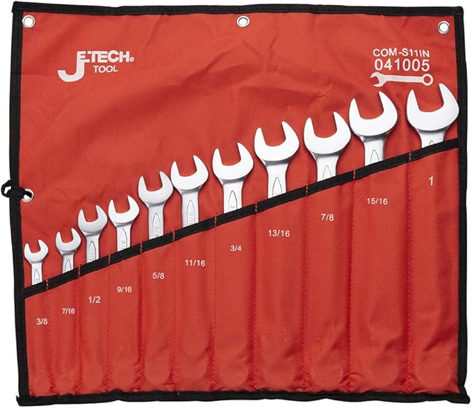 Jetech 11PCS SAE Combination Wrench Set - Industrial Grade Spanners with 12-Point15-Degree Offset Cr-V Steel Forged Heat-Treated, 3/8 Inch - 1 Inch