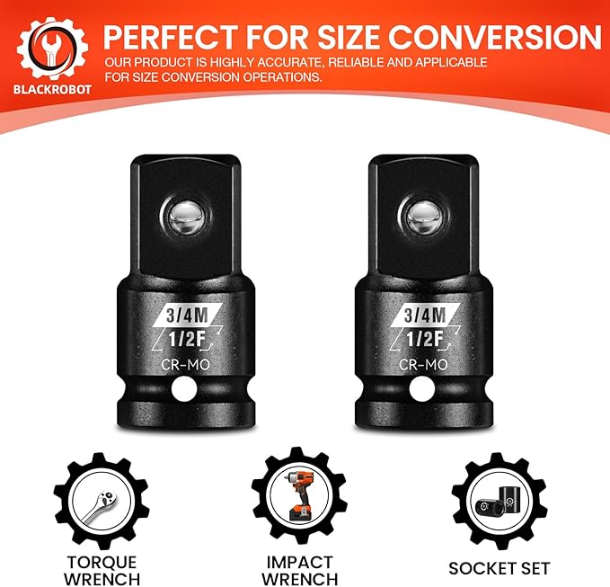 BLACKROBOT 2 Pieces 1/2??F To 3/4??M Impact Socket Adapter Set, SAE Drive Cr-Mo Steel Exceeds ANSI Standards, Square Drive Socket Reducer for Impact Driver Wrench