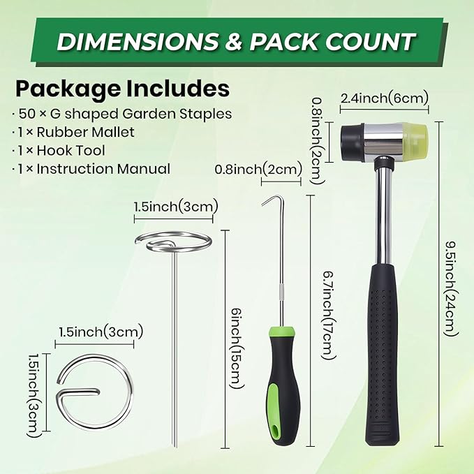 100pcs Landscape Fabric Pins, Heavy Duty Galvanized Landscape Staples Weed Barrier Stakes Lawn Staples with Staples Remover Mallet Yard Stakes Staples for Lawn Edging Ground Cover Outdoor Gardening