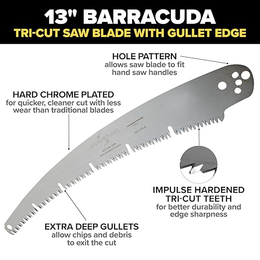 Barracuda??Tri-Cut Saw Blade with Gullet Edge, 13-Inch | Hard-Chrome Plated, Impulse Hardened Teeth | Fits Jameson and Smith Pole Saws | Durable, Clean Cutting