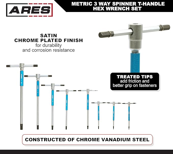 ARES 44001 ??8-Piece Metric T-Handle Hex Key Set ??3-Way Spinner Wrenches with Sliding Handle ??2mm to 10mm