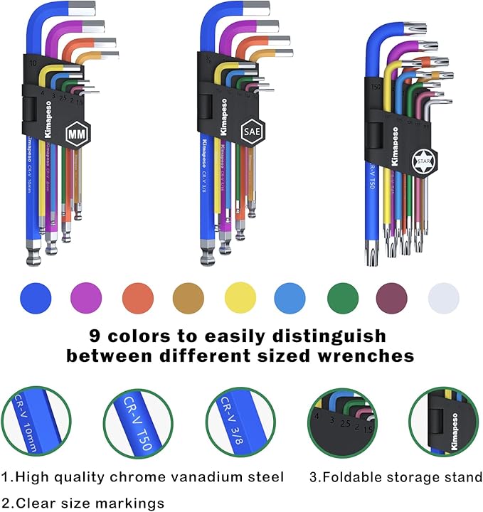 27 PCS Allen Key Set Torx SAE Metric Allen Wrenches Set Long Arm Ball End Hex Key Wrench Sets with T-Handle L-Hex Key Set Metric 1.5 to 10mm SAE 1/16 to 3/8??Torx T10 to T50