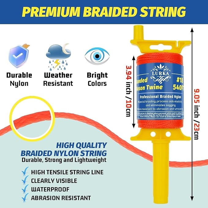 LURKA #18 Mason Line String with Post & Pipe Level & 5 Line Levels, 540 Feet Braided Nylon Twine, High-Visibility String Line for Construction, Gardening, DIY, and Outdoor Projects (Orange)
