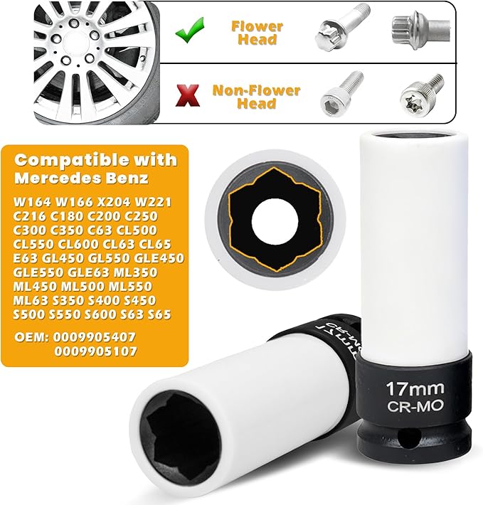 5 PCS 1/2 inch Drive Lug Nut Socket Set, Impact Flip Socket Set Non-Marring Thin Wall Wheel Nut Socket, Cr-Mo Steel, 4 pcs Universal 17mm, 19mm, 21mm, 22mm, 1 x 17mm for Benz Convex Flower Head Bolt