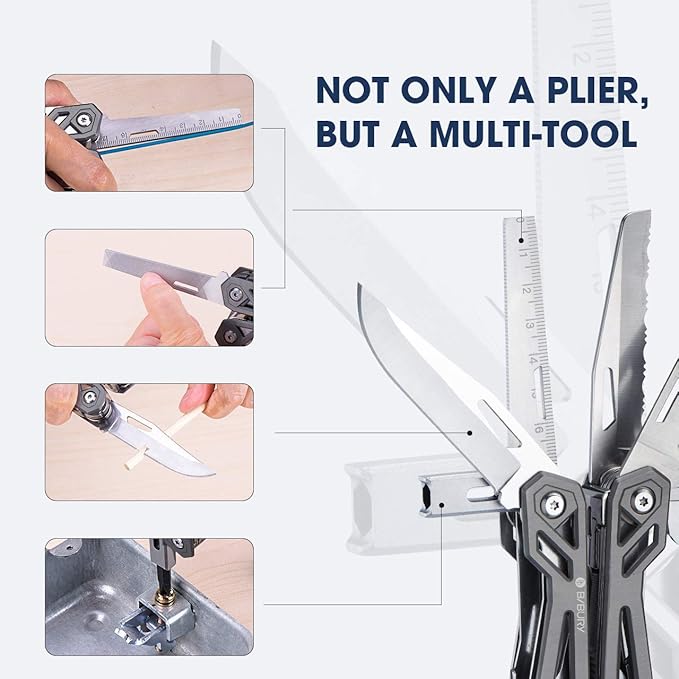 Christmas Gifts for Men Him Dad, BIBURY Multitool with Pocket Knife, 21-in-1 Stainless Steel Pliers with Screwdriver, Safety Locking Multi tools with EDC Knife for Survival, Camping, Fishing, Repair