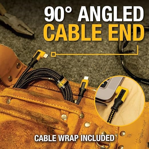 DEWALT Heavy Duty 90-Degree Angled 100W USB C Cable, Jobsite 100 Watt USB C Cable, High Speed Type-C to Type-C, PD USBC Fast Charging Cord for iPhone 16/15 Plus Pro Max, MacBook, iPad (6 Foot)