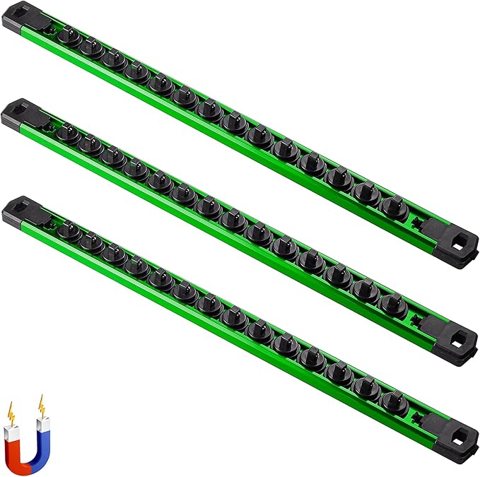 ALOANES 3-Piece Magnetic Socket Organizer, Heavy Duty Aluminum Socket Rails Organizer, 360째 Swivel Clips Socket Rail Set For Sockets Storage, 1/4-Inch Socket Holder x 42 Clips (Green)