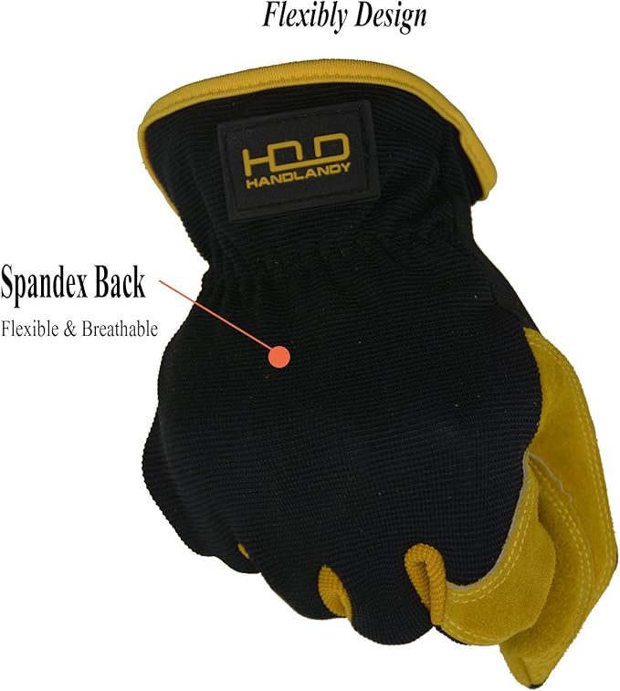 HANDLANDY Men Leather Gardening Gloves, Utility Work Gloves for Mechanics, Construction, Driver