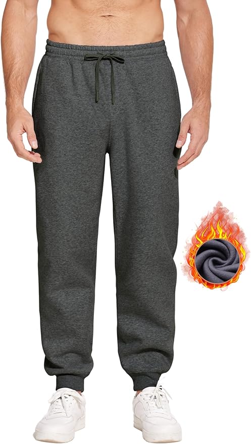 PINSPARK Men's Fleece Joggers with Zipper Pockets Tapered Sweatpants Cotton Sweat Pants for Mens Heavyweight Lounge Pants