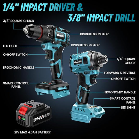 SEESII 21V Max Cordless Drill and Impact Driver, Power Tool Combo Kit Included 3/8'' Drill & 1/4'' Impact Driver, 2x 4000mAh Battery, Fast Charger, 20 pcs Driver Bit Set & Bag