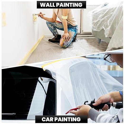 ADHES Pre Taped Masking Film with Adhesive Edge, 55 inch x 108 feet, 3 Rolls No Residue Masking Tape for Painting, Automotive, and DIY Projects Tape and Drape for Floor Furniture Protection